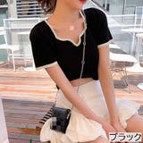 ブラック | 変形Vネック配色ニット V開き 半袖 | LADY LIKE 