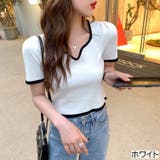 ホワイト | 変形Vネック配色ニット V開き 半袖 | LADY LIKE 