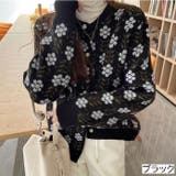 ブラック | フラワー柄丸首ニットカーディガン 花柄 トップス | LADY LIKE