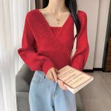 レッド | レイヤード風ドルマンニット トップス ドッキング | LADY LIKE