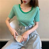 ラウンドネックミニボーダー半袖ニット トップス クルーネック | LADY LIKE  | 詳細画像10 