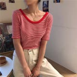ラウンドネックミニボーダー半袖ニット トップス クルーネック | LADY LIKE  | 詳細画像2 