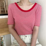 ラウンドネックミニボーダー半袖ニット トップス クルーネック | LADY LIKE  | 詳細画像1 