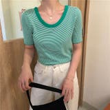ラウンドネックミニボーダー半袖ニット トップス クルーネック | LADY LIKE  | 詳細画像3 