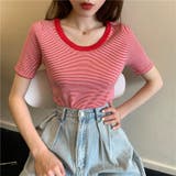 ラウンドネックミニボーダー半袖ニット トップス クルーネック | LADY LIKE  | 詳細画像8 