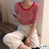 レッド | ラウンドネックミニボーダー半袖ニット トップス クルーネック | LADY LIKE 