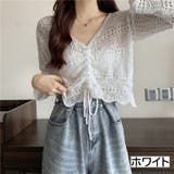 ホワイト | フロントシャーリングかぎ編み長袖ニット トップス 透け感 | LADY LIKE