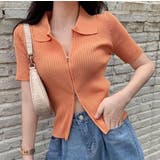 オレンジ | ダブルファスナー襟付きニット トップス ダブルジップ | LADY LIKE 