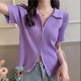 パープル | ダブルファスナー襟付きニット トップス ダブルジップ | LADY LIKE 