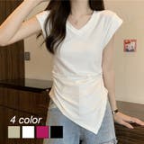 V開きサイドシャーリングトップス デザインTシャツ フレンチスリーブ | LADY LIKE  | 詳細画像1 