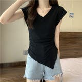 V開きサイドシャーリングトップス デザインTシャツ フレンチスリーブ | LADY LIKE  | 詳細画像3 
