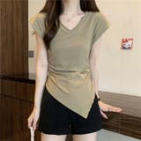 V開きサイドシャーリングトップス デザインTシャツ フレンチスリーブ | LADY LIKE  | 詳細画像4 
