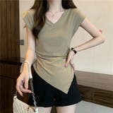 V開きサイドシャーリングトップス デザインTシャツ フレンチスリーブ | LADY LIKE  | 詳細画像5 
