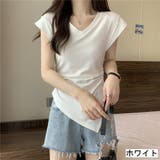ホワイト | V開きサイドシャーリングトップス デザインTシャツ フレンチスリーブ | LADY LIKE 