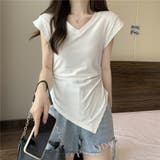 V開きサイドシャーリングトップス デザインTシャツ フレンチスリーブ | LADY LIKE  | 詳細画像6 