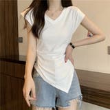 V開きサイドシャーリングトップス デザインTシャツ フレンチスリーブ | LADY LIKE  | 詳細画像7 