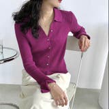 パープル | 衿付き前開きソフトリブニット | LADY LIKE