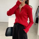 レッド | 衿付き前開きソフトリブニット | LADY LIKE