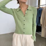 グリーン | 衿付き前開きソフトリブニット | LADY LIKE