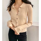 ベージュ | 衿付き前開きソフトリブニット | LADY LIKE