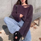 パープル | クロップド丈V開きシャギーニット | LADY LIKE 