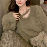 カーキ | クロップド丈V開きシャギーニット | LADY LIKE 