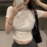 ホワイト | ラインストーンハートロゴコンパクトTシャツ | LADY LIKE