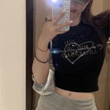 ブラック | ラインストーンハートロゴコンパクトTシャツ | LADY LIKE