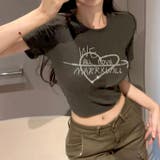 チャコールグレー | ラインストーンハートロゴコンパクトTシャツ | LADY LIKE