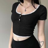 ブラック | 縁取りレースボタン付きトップス | LADY LIKE