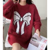 レッド | ビッグリボン柄ゆったりシャギーニット | LADY LIKE