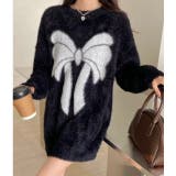 ブラック | ビッグリボン柄ゆったりシャギーニット | LADY LIKE