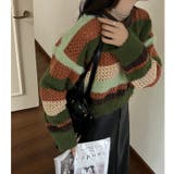 グリーン | クロップド丈シャギーミックスボーダーニット | LADY LIKE 