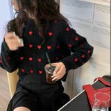 ブラック | ハートプリント丸首ニット | LADY LIKE