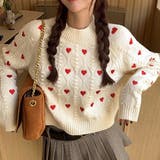 ホワイト | ハートプリント丸首ニット | LADY LIKE