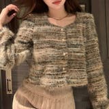 グリーン | ラウンドネックボーダーシャギーカーディガン | LADY LIKE 