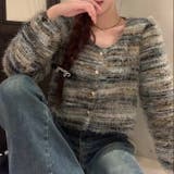 ブルー | ラウンドネックボーダーシャギーカーディガン | LADY LIKE 