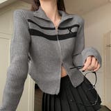 グレー | ライン入りダブルジップハイネックリブニット | LADY LIKE 