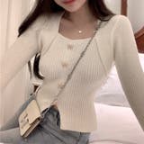 ホワイト | リボンボタンデコルテ空きリブニット | LADY LIKE 