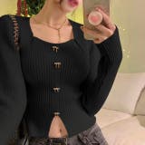 ブラック | リボンボタンデコルテ空きリブニット | LADY LIKE 
