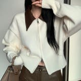 ベージュ | フェイクレザー切替え衿ダブルジップニット | LADY LIKE