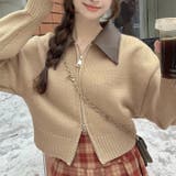 ダークベージュ | フェイクレザー切替え衿ダブルジップニット | LADY LIKE