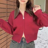 レッド | フェイクレザー切替え衿ダブルジップニット | LADY LIKE