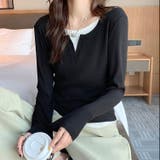 ブラック | 【春夏新作】レイヤード風スリットネックカットTシャツ | LADY LIKE 