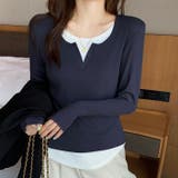 ネイビー | 【春夏新作】レイヤード風スリットネックカットTシャツ | LADY LIKE 