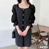 ブラック | パワーショルダーチェック柄ワンピース シャーリング ボリューム袖 | LADY LIKE