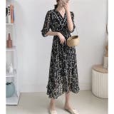 ブラック | 花柄シフォンカシュクールワンピース | LADY LIKE