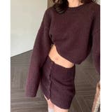 ワイン | ボタンスカート付きクロップド丈ニットセットアップ | LADY LIKE 