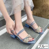 ブルー | ゴールドモチーフ付きスクエアヒールサンダル ラインストーン ミュール | LADY LIKE