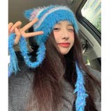 ブルー | シャギーボーダー猫耳ニット帽 | LADY LIKE 